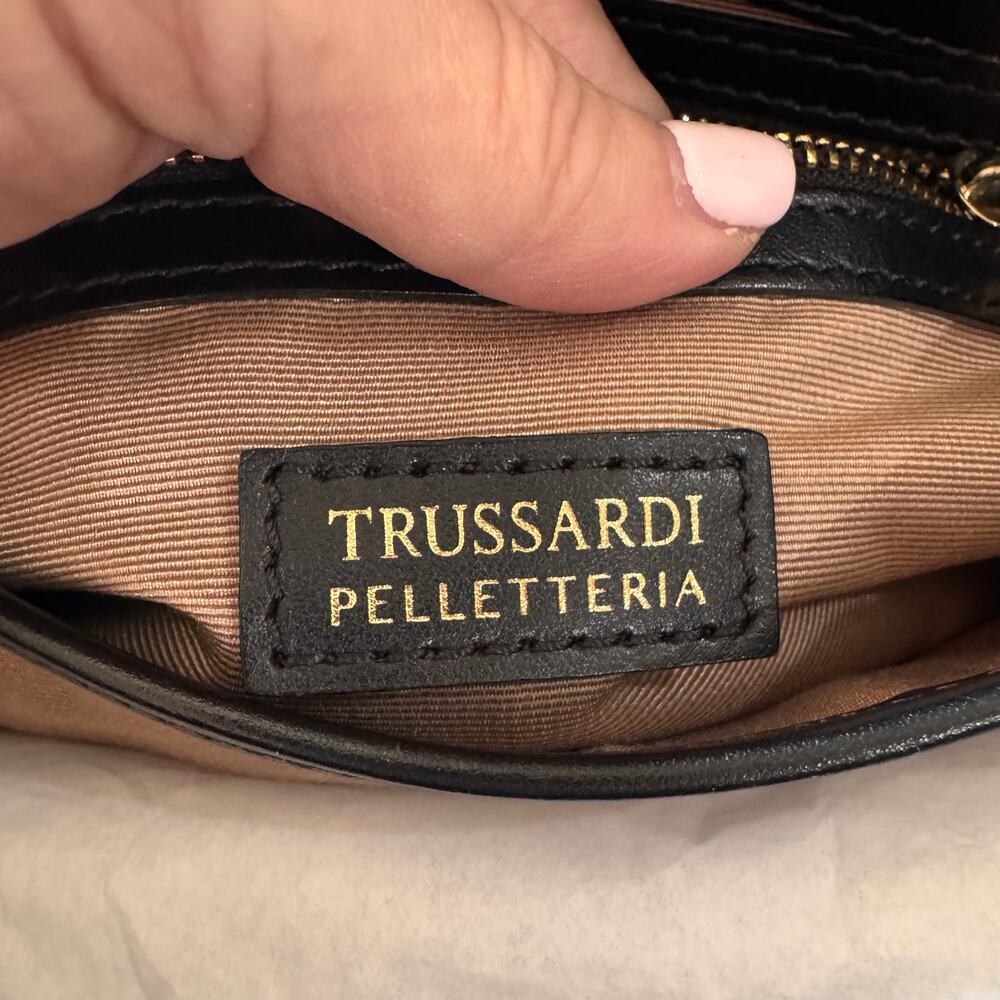 Trussardi Lovy Black Leather Handbag Satchel Bag Purse Gold Greyhound Clasp - Picture 7 of 16